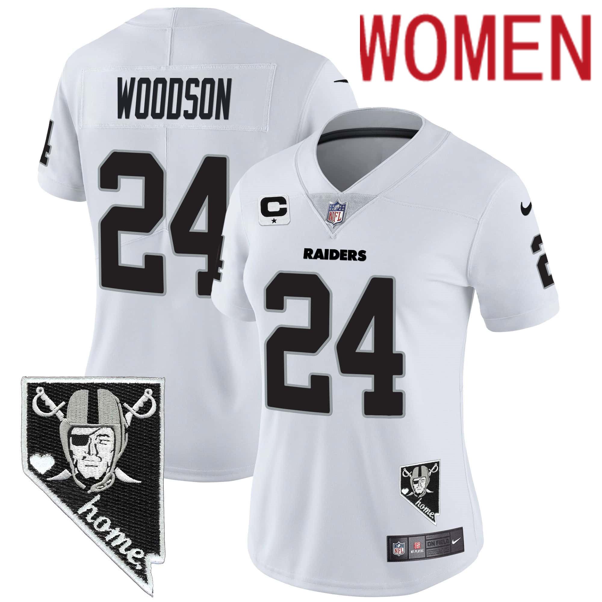 Women Oakland Raiders #24 Woodson White 2024 Nike Nevada Home Patch Vapor NFL Jersey